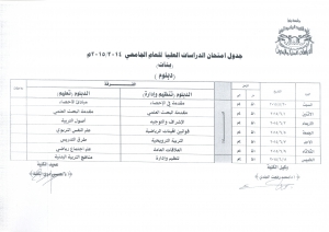 جدول امتحانات الدبلوم  الدراسات العليا للبنات  للعام الجامعى 2015/2014