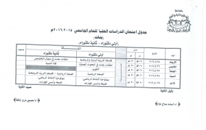 جدول امتحان الدراسات العليا للعام الجامعى 2016/2015م (بنات ) (أولى دكتوراة+تانية دكتوراة)