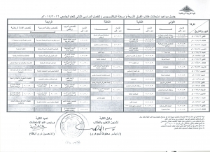 جدول مواعيد امتحانات النظرية طلاب الفرق الاربعة (مرحلة البكالوريوس ) للفصل الدراسي الثانى للعام الجامعى 2017/2016م