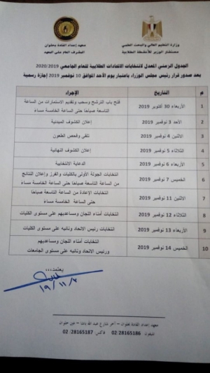 الجدول الزمنى المعدل للانتخابات الإتحادات الطلابية للعام الجامعى 2020/2019