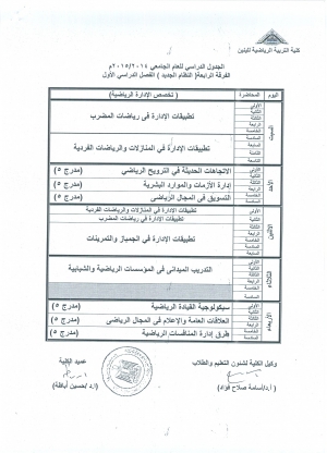 الجدول الدراسي للعام الجامعي 2014/2015م الفرقة الرابعة النظام الجديد ( الفصل الدراسي الأول) تخصص ادارة