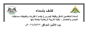 كشف بأسماء السادة المتقدمين لشغل وظيفة ( مدرس ) بقسم نظريات وتطبيقات  مسابقات الميدان والمضمار   بكلية التربية الرياضية جامعة بنها يوم الاثنين الموافق2024/7/22م